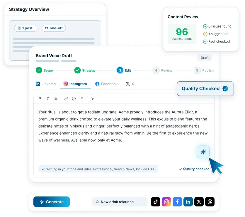 socialcenter.ai, the Skalaview product, an AI content composer with a built-in quality review